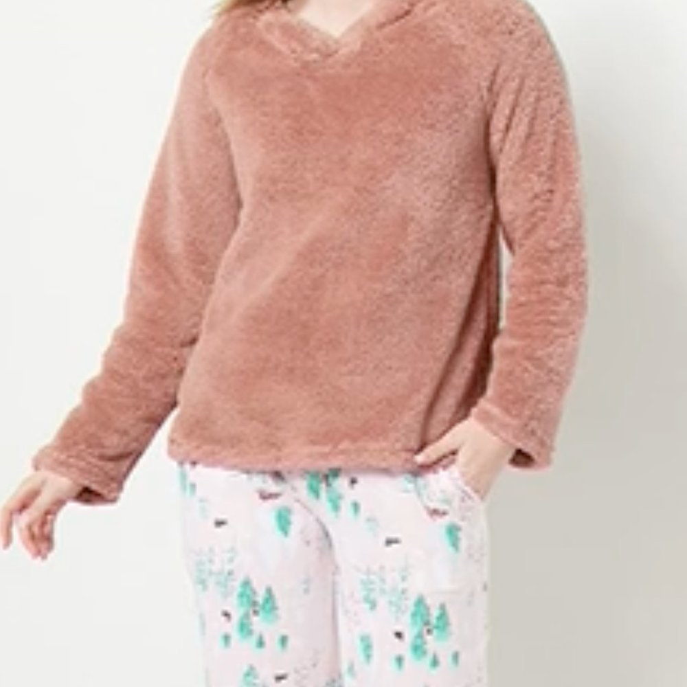 NEW XL Petite Cuddl Duds Cozy Sherpa Top and Jersey Bottoms PJ Set PINK FLUFFY!